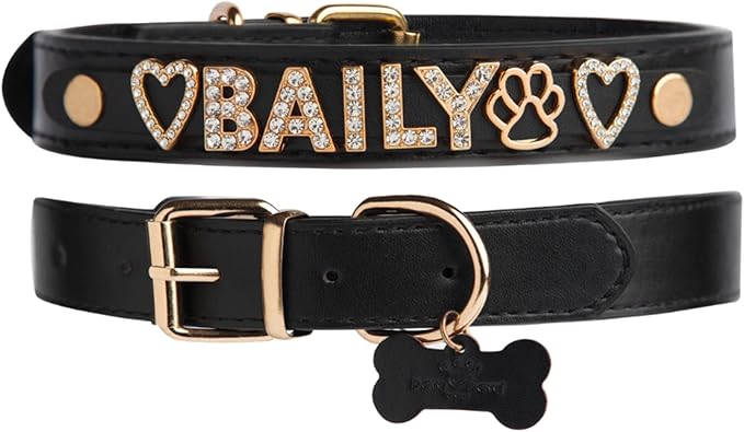 Paws Paws Miami Custom Dog Collar for Extra Large Dogs, Personalized with Name in Gold-Plated Cubic Zirconia Initials and Charm Jewels Leather Collars, Black