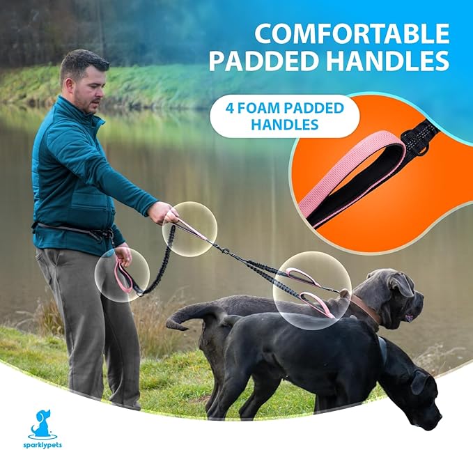SparklyPets Hands Free Double Dog Leash – Dual Leash for Medium and Large Breeds – Lead for 2 Dogs with Padded Handles, Reflective Stitches, No Pull, Tangle Free