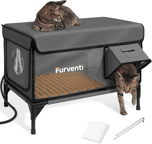 Heated Cat House for Outside,Dual Camera Mounts,100% Weatherproof & Extremely Insulated,Elevated Feral Cat Shelter with Escape Door,Waterproof Eaves for Outdoor Stray Barn Cat(Dark Grey, XL)