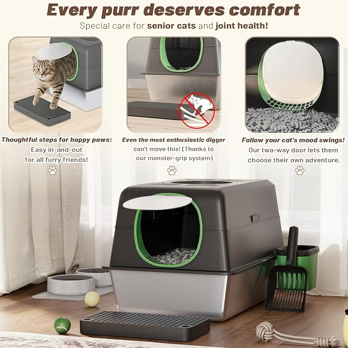 Extra Large Enclosed Stainless Steel Cat Litter Box Enclosure with Lid, Front Dual-Door and Top Exit Metal Cat Litter Pan Box for Big Cats, with Poop Scoop,Box Step, Waste Bin & Trash Bags, Black