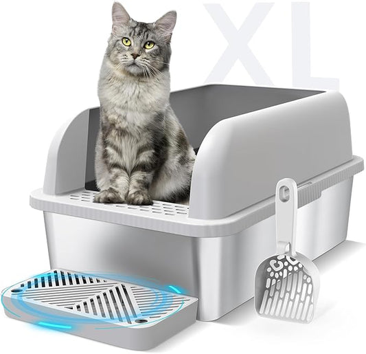 Enclosed Stainless Steel Cat Litter Box with Lid Extra Large Litter Box for Big Cats XL Metal Litter Pan Tray with High Wall Sides Enclosure, Non-Sticky, Anti-Leakage, Easy Cleaning