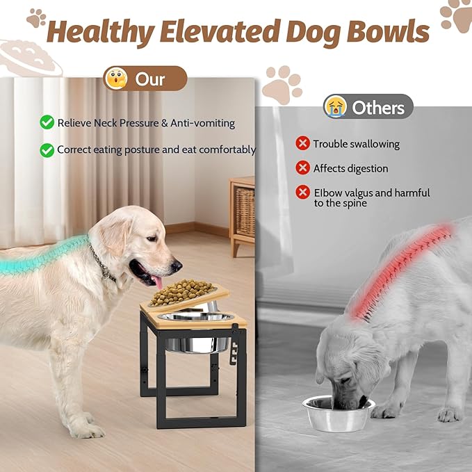 Dog Bowls Elevated, 4 Height (9.6" to15) & Angle (0-20°) Adjustable Raised Dog Bowl Stand, Elevated Dogs Bowl for Medium to Large Sized, Bamboo Feeding Station with 2X 10cups Stainless Steel Dishes