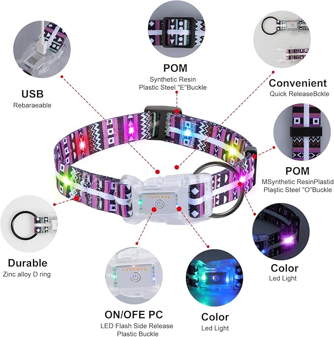Upgraded Version Light Up Dog Collars,LED Dog Collar Rechargeable Waterproof,2-in-1 Buckle Type Glow Dog Collar for Small to Large Dogs,XL(Bohemian Purple)
