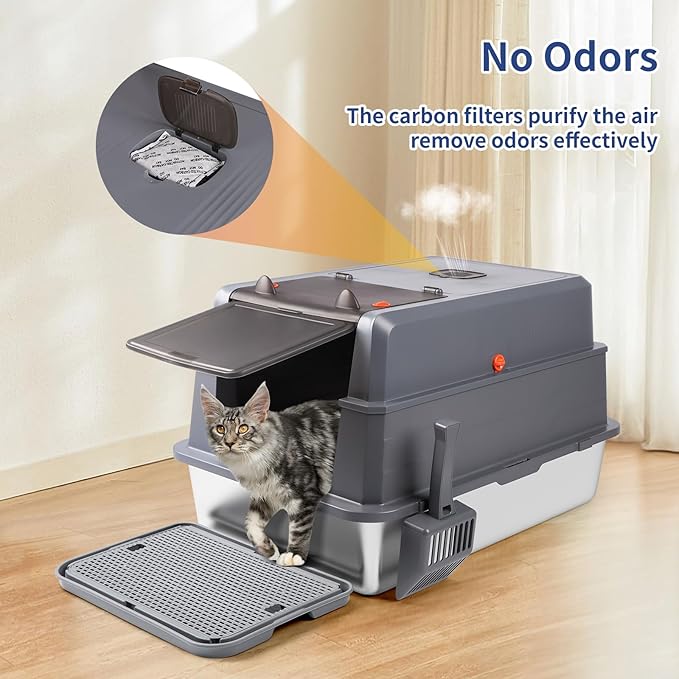 Extra Large Stainless Steel Litter Box with Lid, 28" L x 20" W x 17" H XXXL Enclosed Metal Cat Litter Box with Litter Scoop & Foot Pedal, Odor Control,Easy Cleaning Cats (Dark Grey)