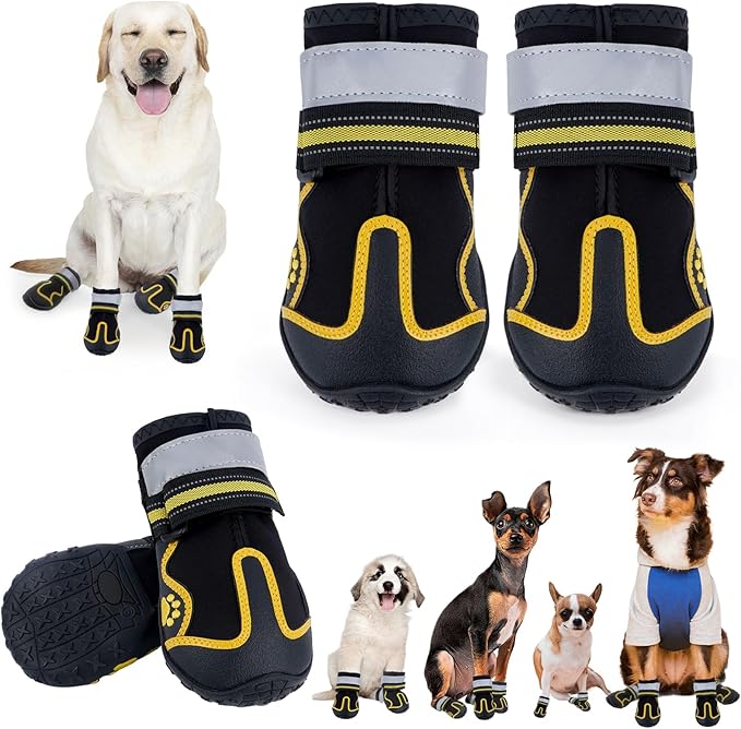 Dog Shoes for Hot Pavement,Dog Boots & Paw Protectors for Large Medium Size Dogs to Prevent Licking,Dog Booties with Reflective for Outdoor,Hiking,Hardwood Floors,Winter Snow(Black Yellow, Size1)
