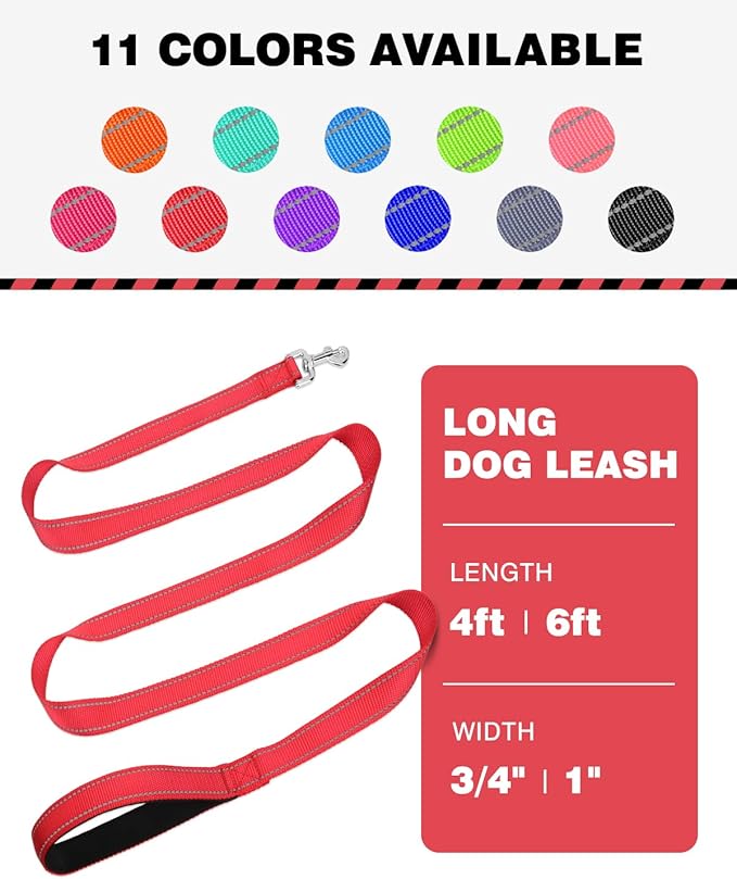 6FT Reflective Nylon Dog Leash with Soft Padded Handle for Walking, Running and Training, Supports Small Medium and Large Dogs (Red, 1 Inch Wide)