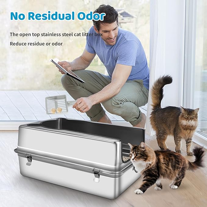 Extra Large Stainless Steel Litter Box, XXXL 27.5" L x 19.7" W x 11.8" H Semi Enclosed Removable Metal Cat Litter Box with High Sided Enclosure, Scoop, Anti-Leakage, Non-Sticky, Easy Cleaning