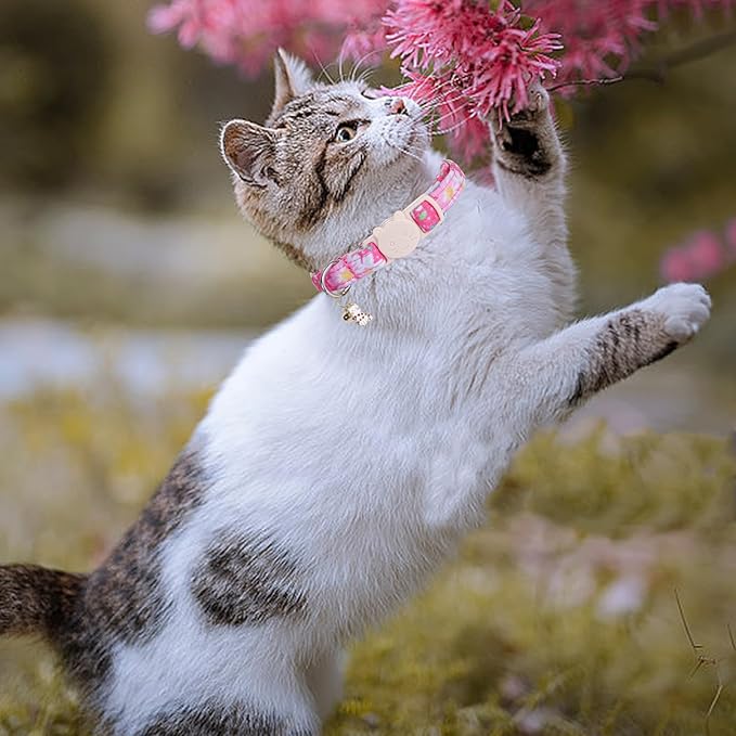 Elegant little tail 2 Pack Cat Collar-Pink Floral Print Cotton Breakaway Cat Collars with Bell Pendant Kitten Safety Adjustable Collar for Small Cats Puppy