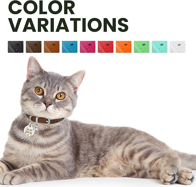 BRONZEDOG Leather Cat Collar with Removable Bells Non Breakaway Kitten QR Tag for Girl Boy (7" - 9" for Cats, Dark Brown & Silver)