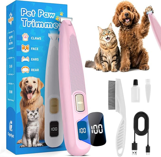 Professional Dog Paw Trimmer with LED Light, New Upgraded 35dB Low-Noise Pet Paw Trimmers for Dog's Feet, 2-Speed Electric Paw Cleaner Grooming Clippers for Dogs, Cats'Paws, Ears, Face, Rump (Pink)