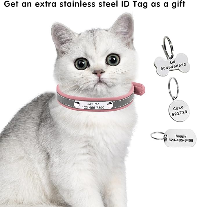 Personalized Reflective Cat Collars with Name Tag and Plated,Engraved Custom Cat Collar with Name and Phone,Kitten Collar with Safety Buckle Adjustable for Cats and Kitten(Pink)