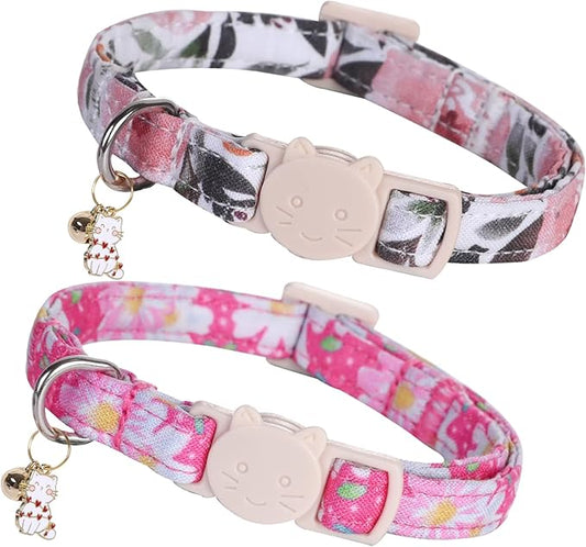 Elegant little tail 2 Pack Cat Collar-Pink Floral Print Cotton Breakaway Cat Collars with Bell Pendant Kitten Safety Adjustable Collar for Small Cats Puppy