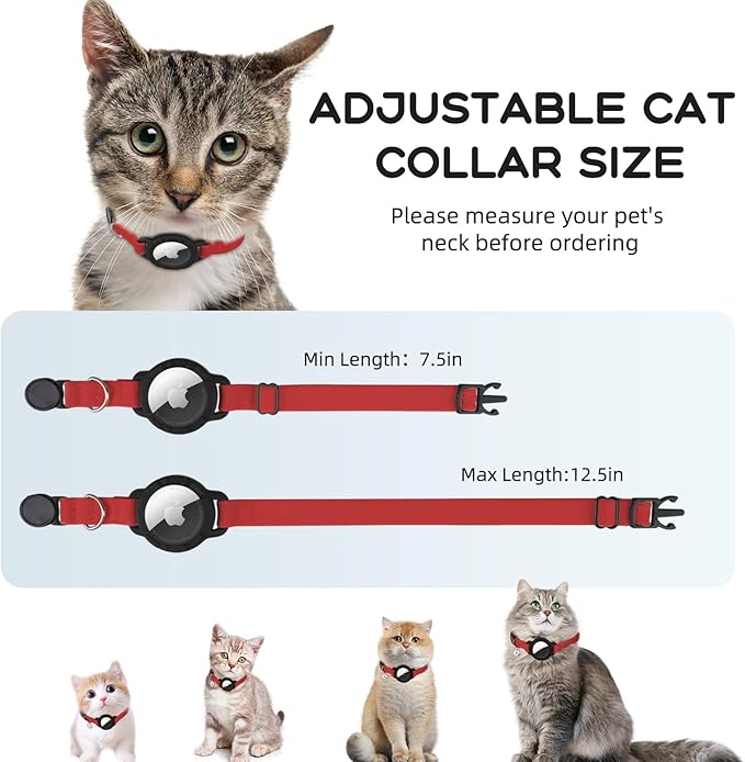 AirTag Cat Collars, Stretchy Collar with Apple AirTag Holder and Bell, Breakaway Ultra Design Elastic GPS Tracking Collars for Cats and Puppies, (7.5-12.5 Inch), Red