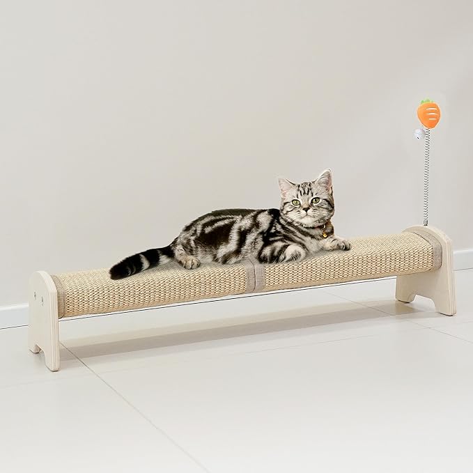 Meeyoview 30" Horizontal Scratching Post, Sisal Cat Scratcher with Spring Toy, Large Floor Mount Scratching Pad, Furniture Protector for Indoor Cats, Oval