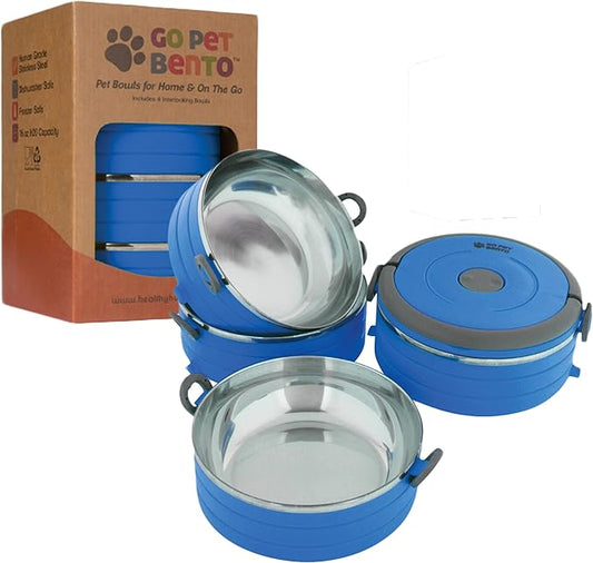 Healthy Human Travel Pet Bento Bowls - Human-Grade Stainless Steel & BPA-Free, Leak-Proof Water & Food Container Set for Dogs & Cats, 4-Pack Interlocking Bowls, Includes Spare Clips & Handle (Blue)