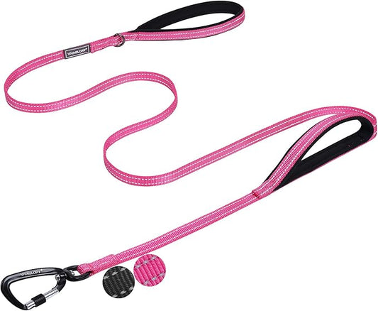 VIVAGLORY Dog Leash Lighthook Double Handle Dog Leash with Traffic Handle & Locking Carabiner for Walking & Training, Traffic Control Lightweight Carabiner for Puppy Pet, 4ft x 1/2in, Pink