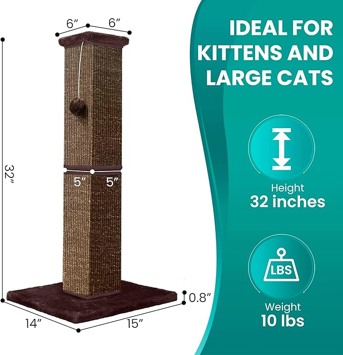 Cat Scratching Post 32 Inch for Indoor Large Cats and Kitten, Nature Sisal Tall Cat Scratch Post, Sisal Cat Scratcher Improve Cat's Scratching Habits and Protect Your Furniture, Full Brown