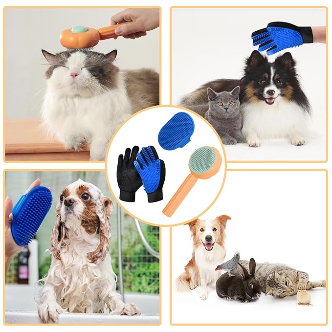 GJEASE Cat Grooming Glove Brush,Self-Cleaning Slicker Pet Brush for Short and Long Haired Pets,Dog Bath Brush for Shedding and Grooming,Removes Loose Hair and Tangles,Promote Circulation