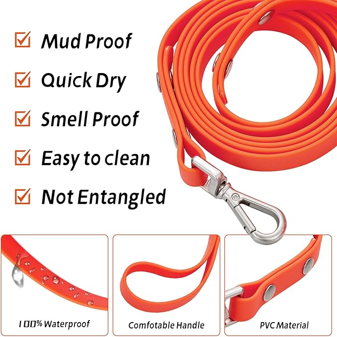 Waterproof Long Dog Training Leash 6ft Outdoor PVC Dog Leashes Great for Large Medium Small Dog Training Lead,Beach,Yard,Play,Camping(Orange