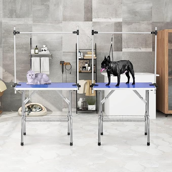 SoarFlash Pet Dog Grooming Table Foldable,Heavy Duty Foldable Pet Grooming Table with Arm & Noose & Mesh Tray, Maximum Capacity Up to 330lbs, 36inch, Blue