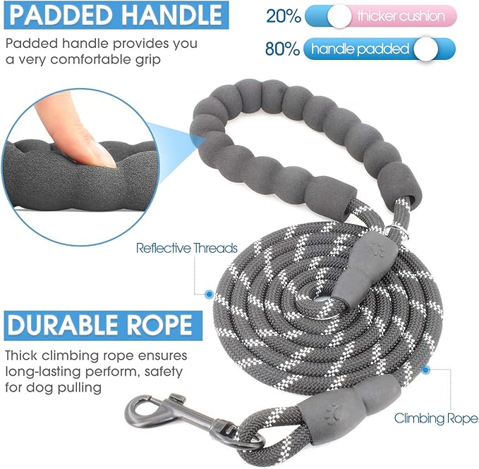 BAAPET 2 Packs 5/6 FT Dog Leash with Comfortable Padded Handle and Highly Reflective Threads Dog Leashes for Small Medium and Large Dogs (5FT-1/3'', Black+Black)