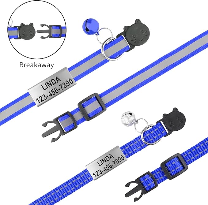 Cat Collar Personalized - Breakaway Reflective Cat Collar with Bell-Custom Cat Collars Engraved with Name and Phone, Adjustable for Cats and Kitten