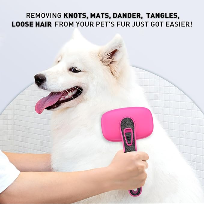 Self Cleaning Slicker Brush for Shedding Long Short Haired Dogs & Cats, Remove Loose Tangling Knot Undercoat Fur Mats, Grooming Brush with Retractable Bristles for Small Medium Large Pet, Pink