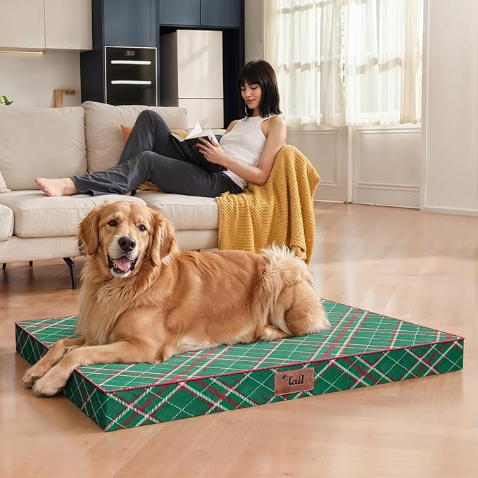 Outdoor Extra Large Dog Bed, Waterproof Dog Bed for Large Dogs, Egg Crate Foam XL Pet Bed with Removable Washable Oxford Cooling Cover, Christmas Plaid