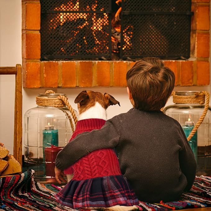 FUAMEY Dog Sweater, Warm Dog Christamas Sweater Dress Classic Plaid Turtleneck Sweaters Knitwear Cold Weather Dogs Pullover for Small Medium Dogs Puppies & Cats Bulldogs Corgi with Leash Hole