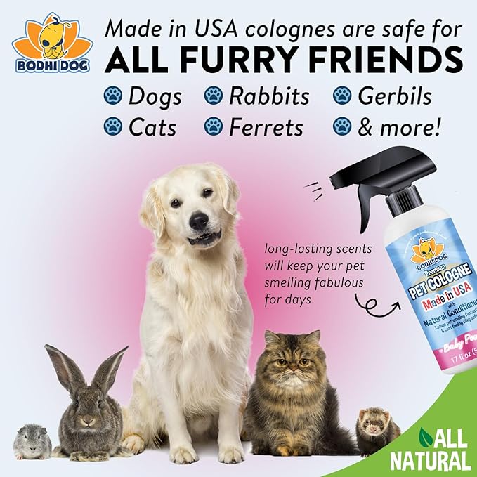Bodhi Dog Premium Dog Cologne - Deodorizing Dog Perfume & Conditioner for Dogs & Cats - Natural Long Lasting Spray - Keeps Pets Fresh All Day - Gentle, Safe Formula, Made in USA - Baby Powder 17 Fl Oz
