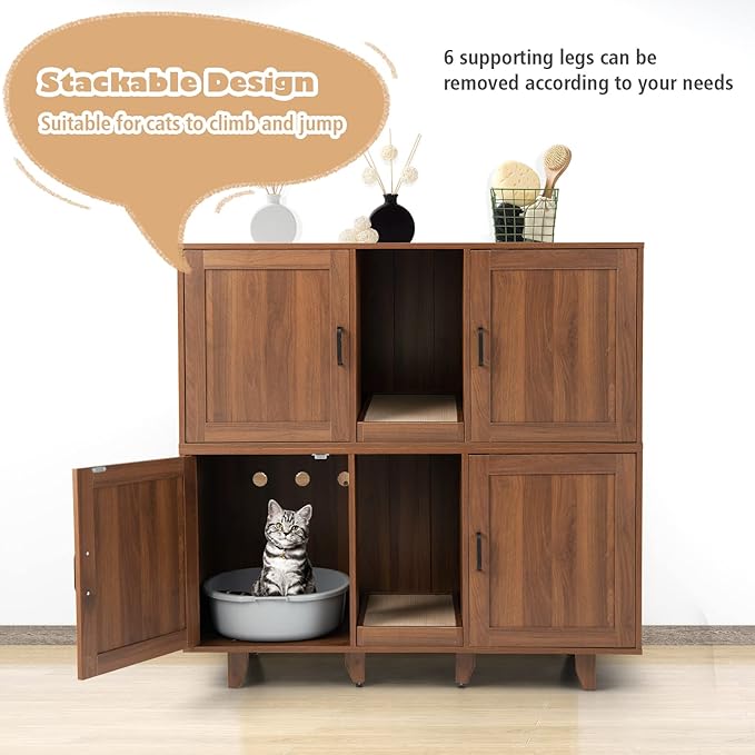 Tangkula Double Cat Litter Box Enclosure for 2 Cats, Large Stackable Hidden Privacy Cat Washroom Cabinet with Scratching Board, Indoor Cat House TV Stand Side Table, Litter Box Furniture (Brown)