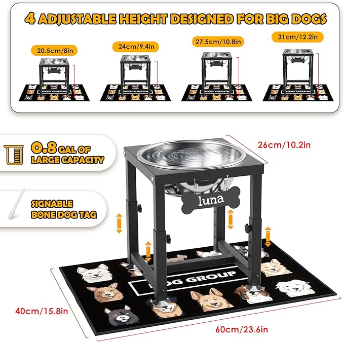 0.8 Gallon Elevated Dog Water Bowl for Medium Dog, 4-Height Adjustable (8–12.2'') Raised Stainless Steel Bowl with Spill-Proof Mat & Sturdy Metal Stand, Easy-Clean Feeder for Indoor/Outdoor Use