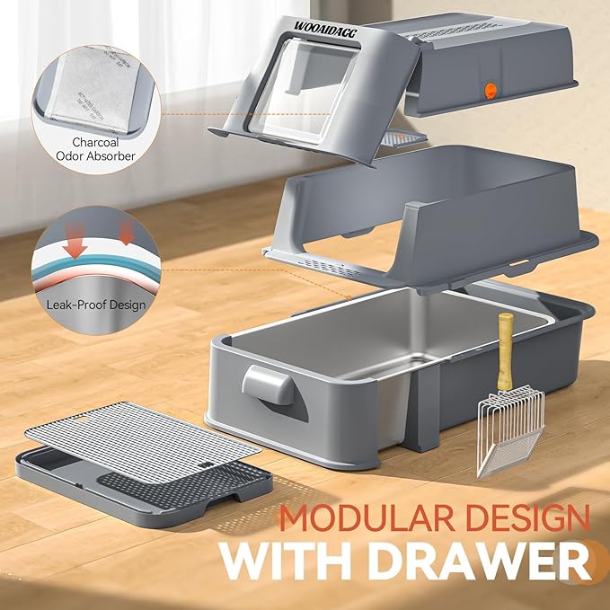 Enclosed Stainless Steel Cat Litter Box with Odor Control, Modular Design with Drawer and Flip Door, Easy to Clean and Wash,Non-Stick Interior,Extra Large Size Fits All Cats(Dark Grey)