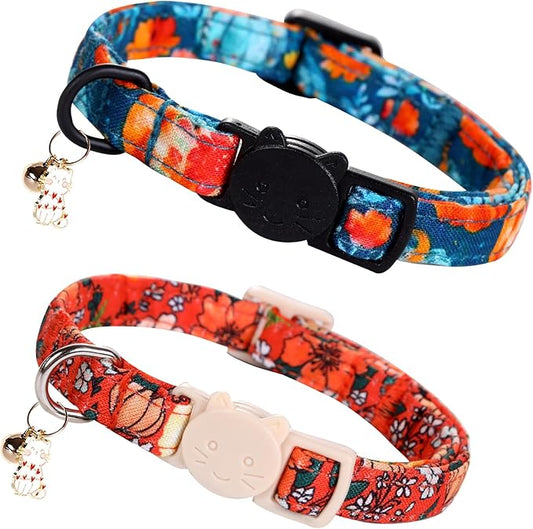 Elegant little tail Halloween Cat Collar-2 Pack Pumpkin Print Fall Cotton Breakaway Cat Collars with Bell Pendant Kitten Boy Girl Safety Adjustable Collar for Small Cats Puppy