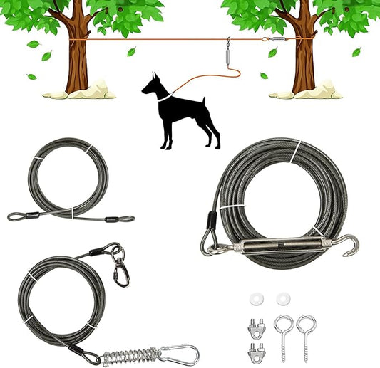 Heavy-Duty Dog Tie-Out Cable Runner System for Yard & Camping, 50/100/120ft with 10/15ft Pulley Line, Supports Dogs Up to 250lbs (Black, 100FT)