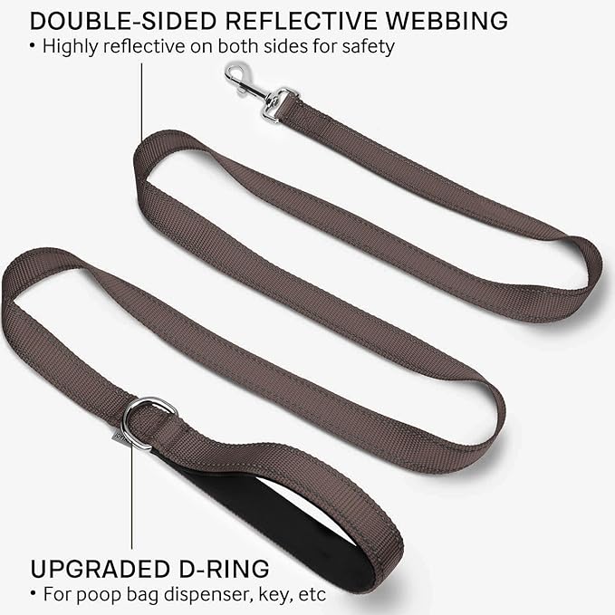 Joytale Double-Sided Reflective Dog Leash, 6 FT/5 FT/4 FT, Padded Handle Nylon Heavy Duty Leashes for Medium & Large Dogs Walking, Brown, 6FT