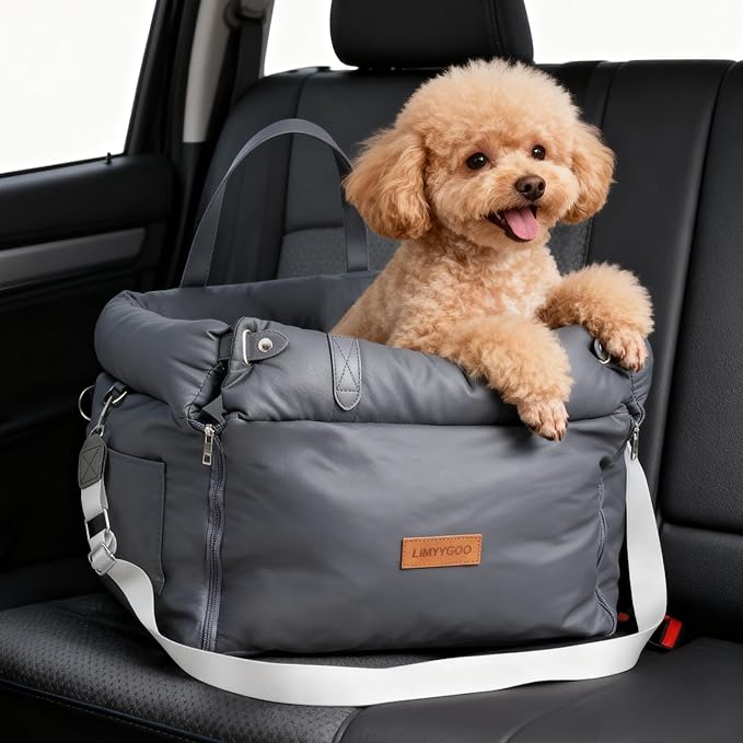 Dog Car Seat for Small & Medium Dogs, Waterproof Soft Leather Dog Car Bed with Harness Clip, Travel Bed & Carrier Bag for Pets, Fits Pets Up to 35 lbs (Navy Blue, Small & Medium)