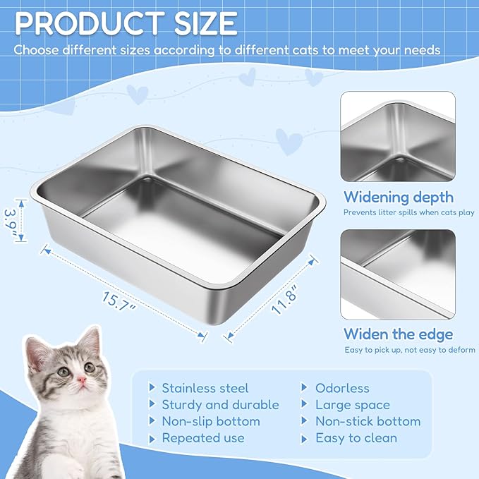 LIHONG Stainless Steel Cat Litter Box for Cat and Rabbit, Odor Control Litter Box Non Slip Rubber Feet. Odor Control, Non Stick, Never Bend 16" L x 12" W x 4" H