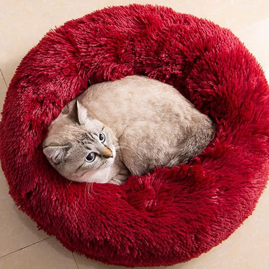 Cat Beds for Indoor Cats - Cat Bed Washable 20/24 inches, Dog Beds for Small Medium Dogs, Anti Anxiety Round Fluffy Plush Faux Fur Cat Bed, Thick Bottom (Red, Medium)
