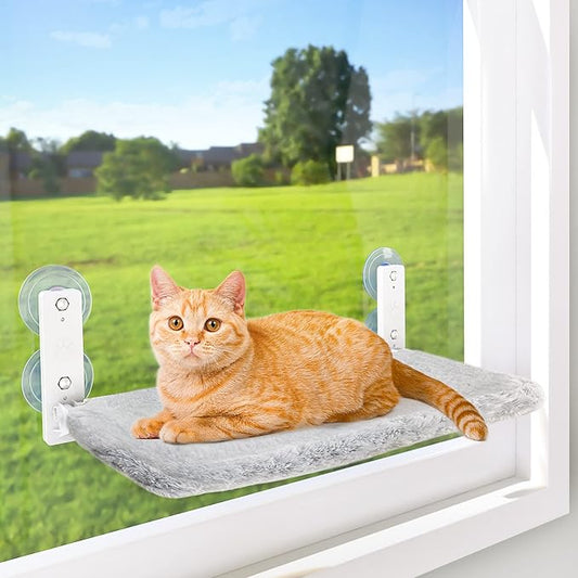 AMOSIJOY Cordless Cat Window Perch, Cat Hammock for Wall with 4 Suction Cups, Anchor&Screw for Two Ways of Installation, Solid Metal Frame and Reversible Cover, Foldable Cat Beds for Indoor Cats