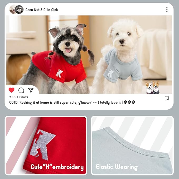 Koneseve Dog Shirt Breathable Cotton Stretchy Clothes for Small Pets 2-Pack Sunny Red & Smoky Blue S