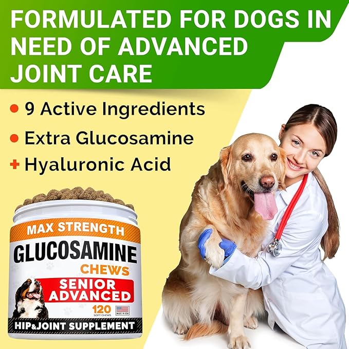 Senior Advanced Glucosamine Chondroitin Joint Supplement for Dogs - Hip & Joint Pain Relief Pills - Large & Small Breed - Hip Joint Chews Canine Joint Health - Chews Older Dogs - Bacon Flavor-120Ct
