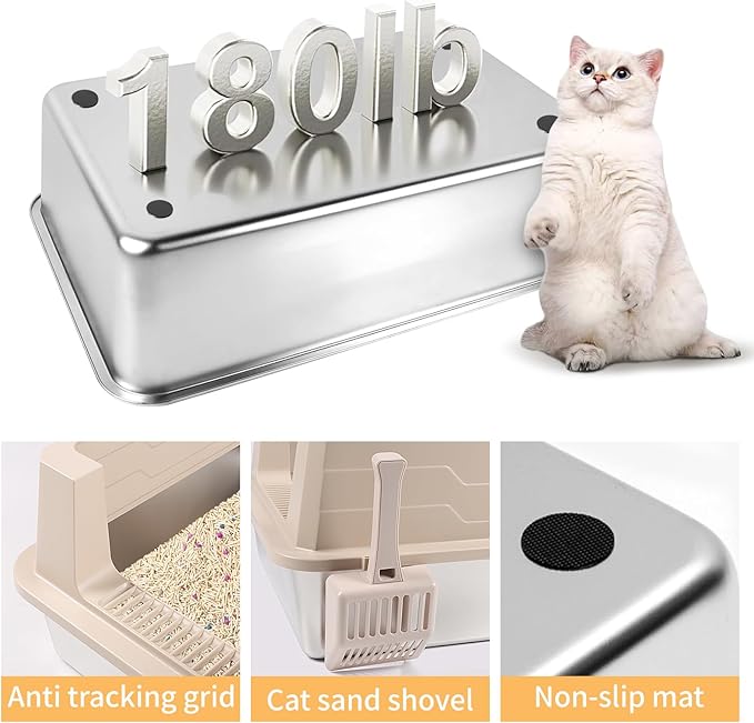 Stainless Steel Litter Box, XXXL 27.6" H x 19.7" W x 11.8" H Extra Large Metal High Sided Cat Litter Box with Scoop, Leak-Proof, Easy Clean for Big Cats/Multiple Cats (Khaki)