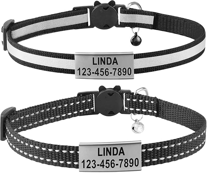 Cat Collar Personalized - Breakaway Reflective Cat Collar with Bell-Custom Cat Collars Engraved with Name and Phone, Adjustable for Cats and Kitten