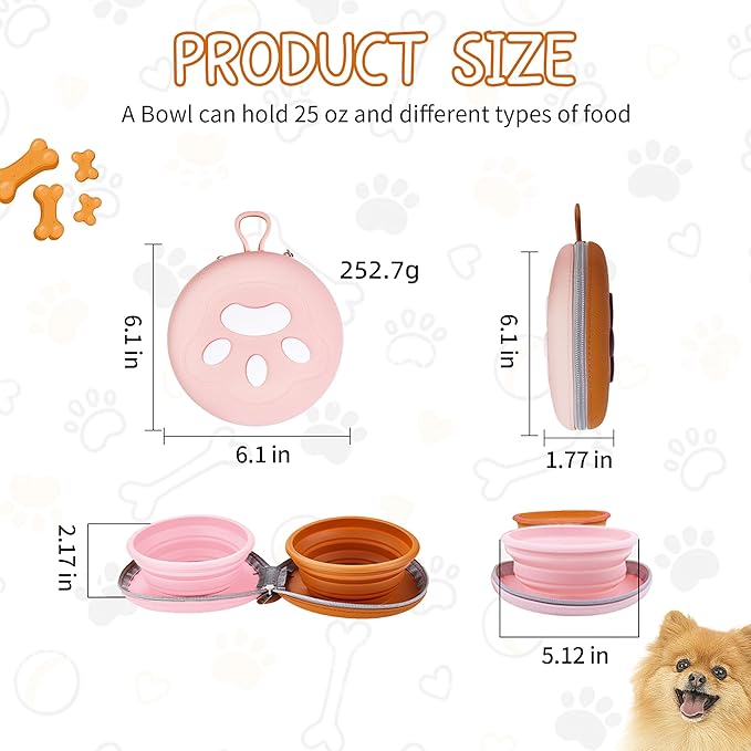 Collapsible Dog Bowls, 2-in-1 Pet Portable Travel Double Bowl Water Food Feeder Traveling Camping & Walking 25oz Brown Pink