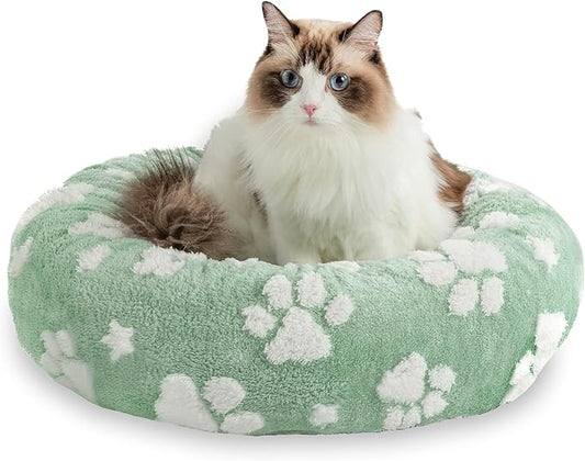 Donut Dog Beds for Small Dogs, Calming Round Cat Beds for Indoor Cats, Cute 3D Textured Paw Pet Bed with Removable Washable Cover and Anti-Slip Bottom（Green，20"）