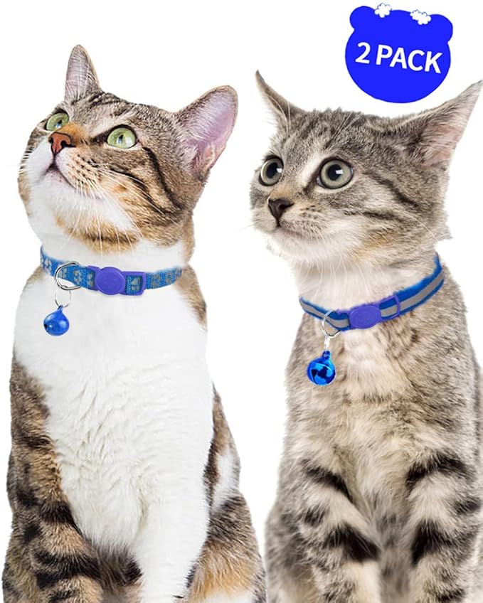 Taglory Reflective Cat Collar Breakaway with Bells, 2 Pack Girl Boy Pet Cat Collar Adjustable 7.5-12.5 Inch, Navy Blue