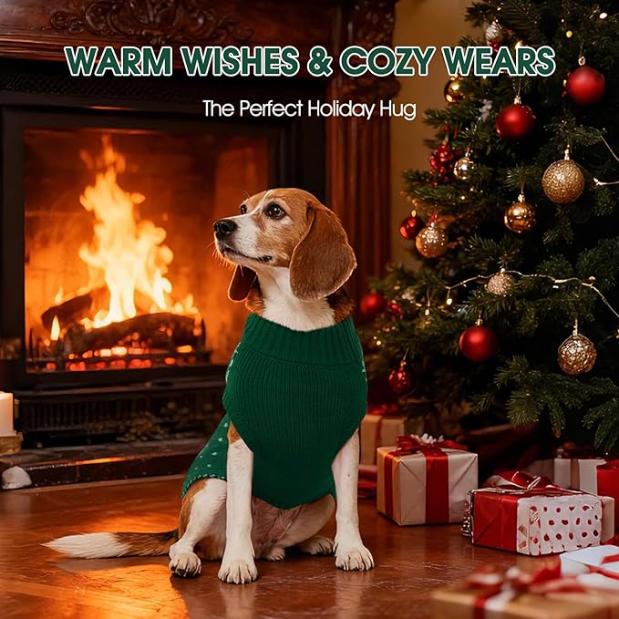 FUAMEY Dog Christamas Sweater, Warm Dog Sweater Classic Snowflake New Year Turtleneck Sweaters Knitwear Cold Weather Dogs Pullover for Small Medium Dogs Puppies & Cats Bulldogs Corgi with Leash Hole