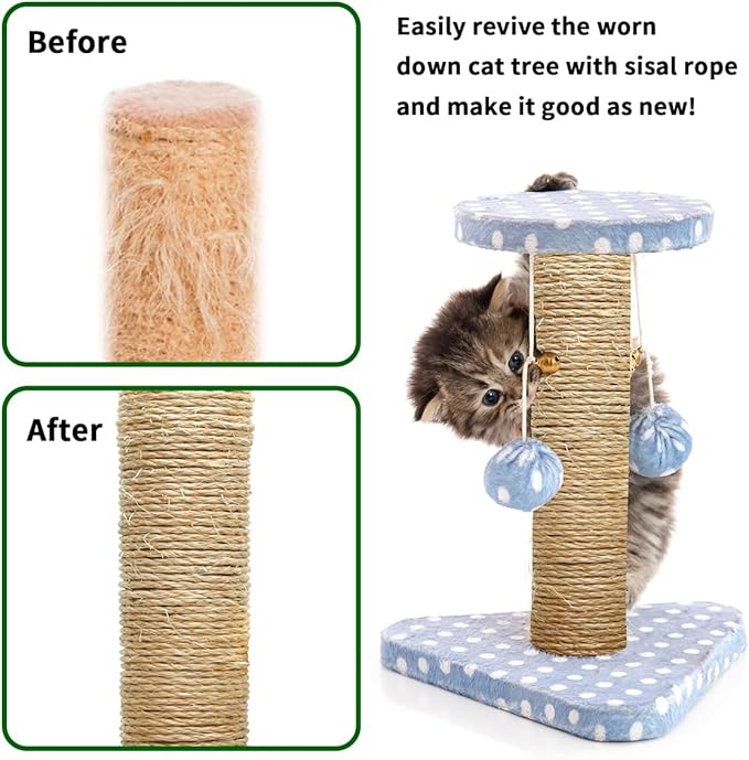 1/6 Inch Natural Sisal Rope, 164-Feet, 50m, for Cat Scratching Post, Tower, DIY Hemp Twine, Replacement, Sisal Fiber, Biodegradable, 4mm Diameter