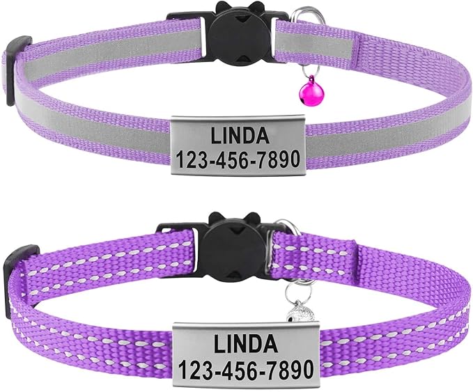 Cat Collar Personalized - Breakaway Reflective Cat Collar with Bell-Custom Cat Collars Engraved with Name and Phone, Adjustable for Cats and Kitten